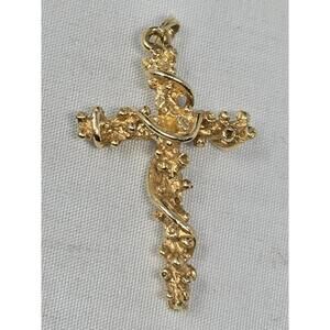 ​Vtg 14k Yellow Gold Ivy Vine Nugget Cross Pendant 3g